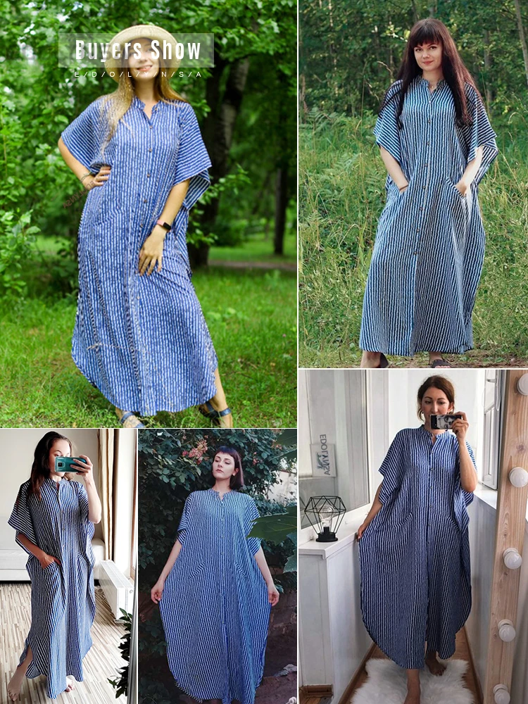 2024 casualowych pasiastych guzików z dekoltem w szpic z przodu i letnia sukienka plażowa niebieska tunika damska ubranie Plus Size sukienki Maxi