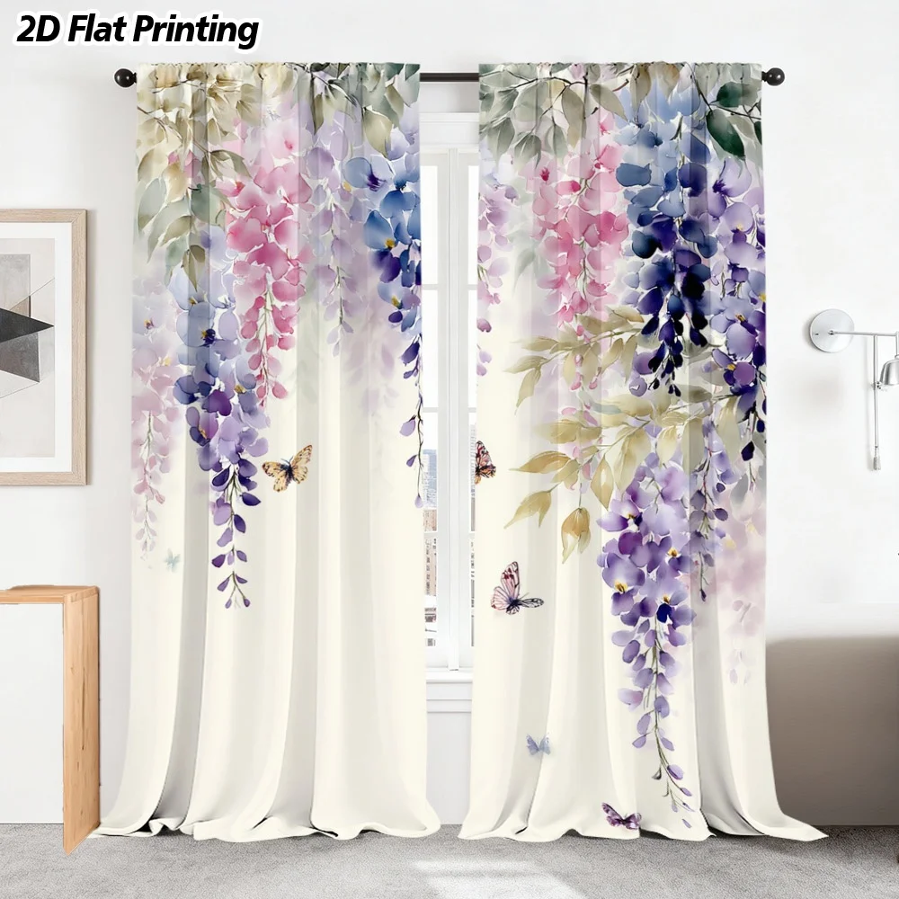 Watercolor Floral Wisteria Curtains Living Room Curtains Elegant Window Curtain Panel Drapery Purple Blue Bloom Decoration House