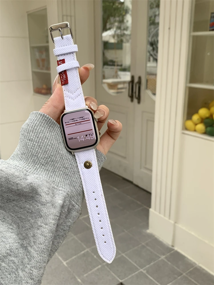 Korea Pink Denim Canvas Leather Watch Band For iWatch Series 8 7 6 5 4 3 SE Girl Casual Strap For Apple Watch 41mm 40mm 44 45 49