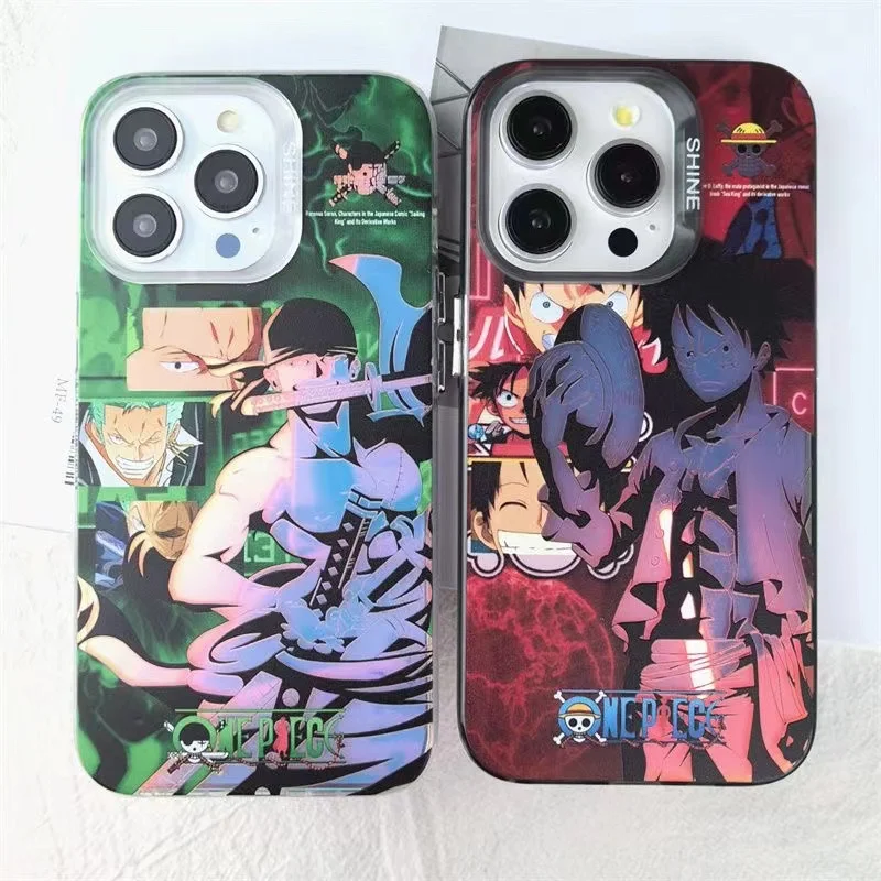 O-One Piece Luffy Hat Roronoa Zoro Gradient Shiny Glitter Chameleon Case For iPhone 15 14 13 Pro Max Laser Cartoon Anime Cover