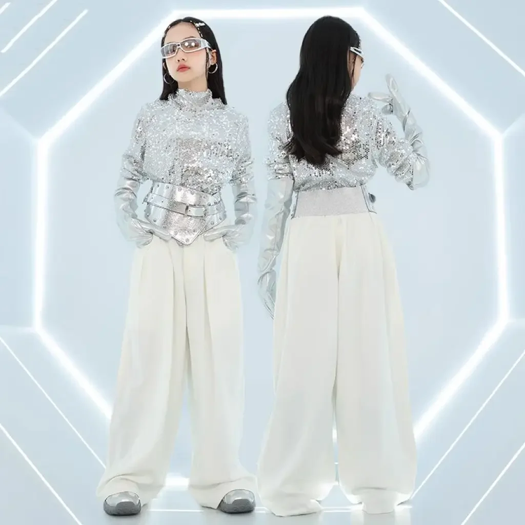 Costumes de danse jazz pour filles, 4 pièces, ensembles de jazz pour enfants, tendance et cool, costumes de danse de rue pour enfants, paillettes de scène, défilé de mode