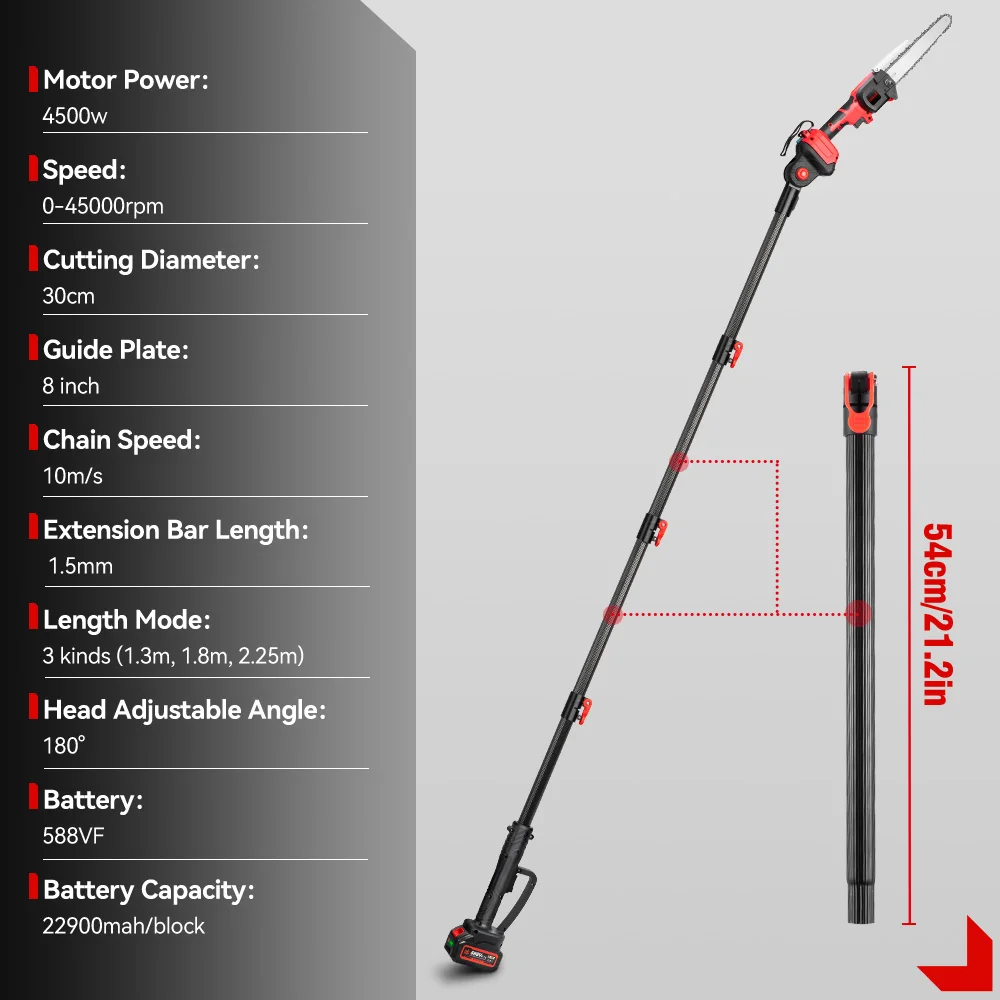 Brushless Serra Elétrica com Telescópica Polo, Serra de Poda, Ramo Alto, Altura Escalável, Ferramenta Elétrica para Makita, Bateria 18V, 8in