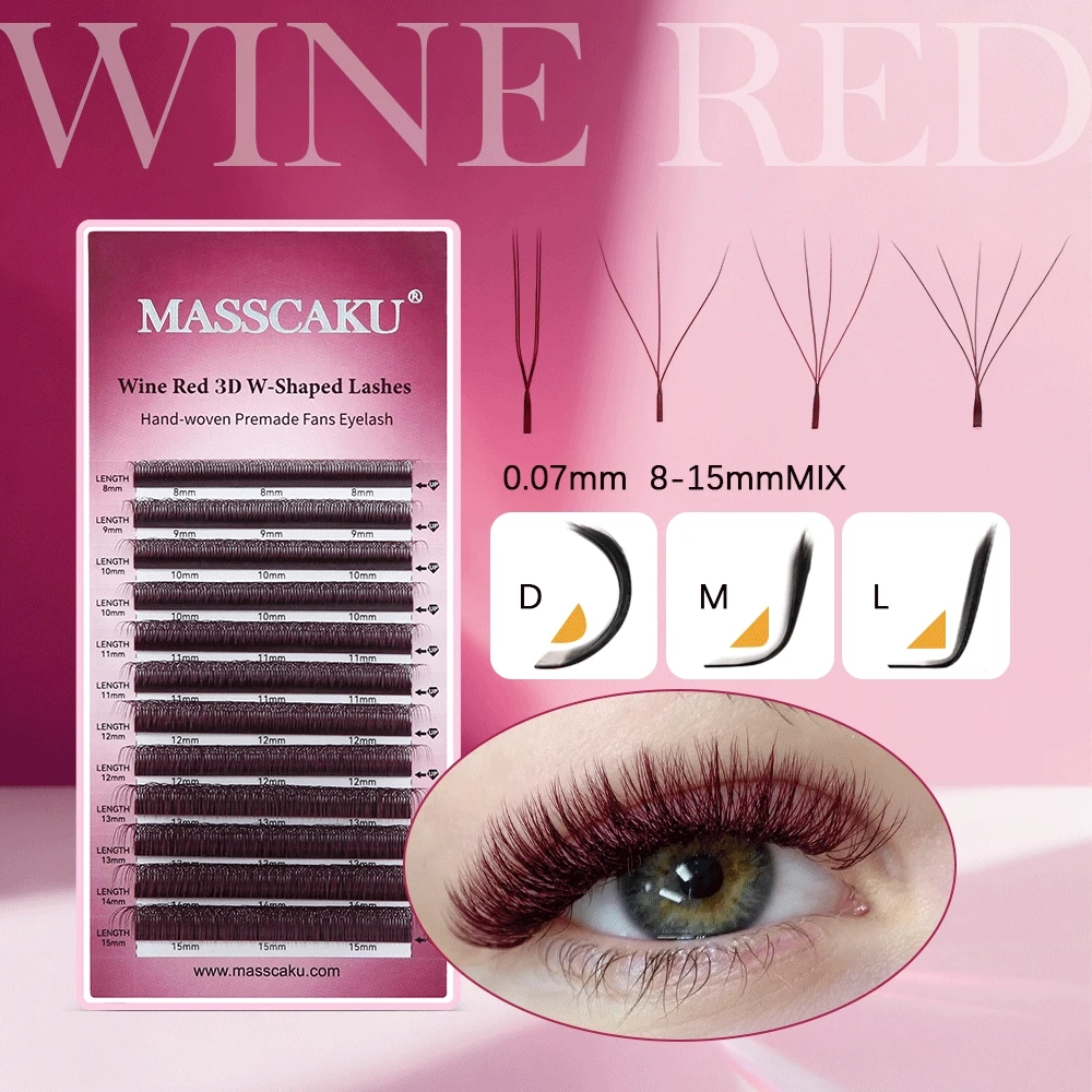 MASSCAKU Burgundy 3D/4D/5D W Shape Wine Red Natural Soft Light Hand Woven Fans Automatic Flower False Eyelashes Extensions