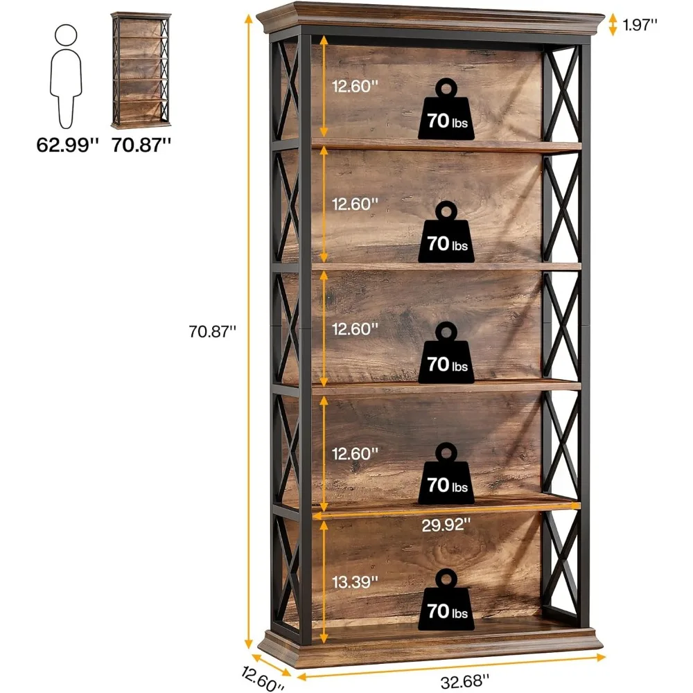 Bibliothèque industrielle à 6 étagères, armoire de bibliothèque de 71 pouces, présentoir sur pied pour bureau, salon, étagères de rangement hautes