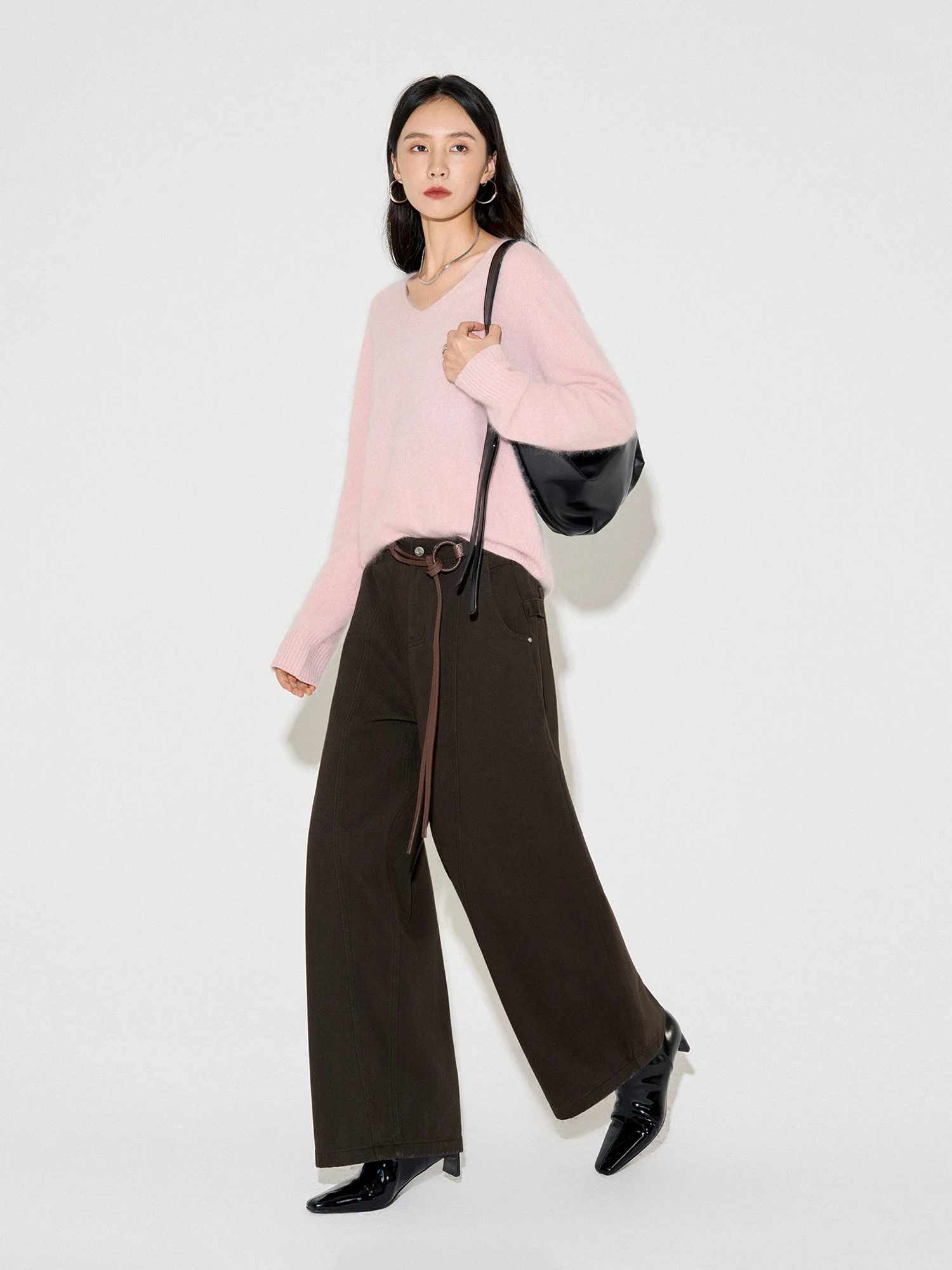 

CLMX Autumn Winter Pure Color Commute Wide Leg Pants Casual ape Loose Fit Long Trousers Splicing Design Cotton Lyocell Blend