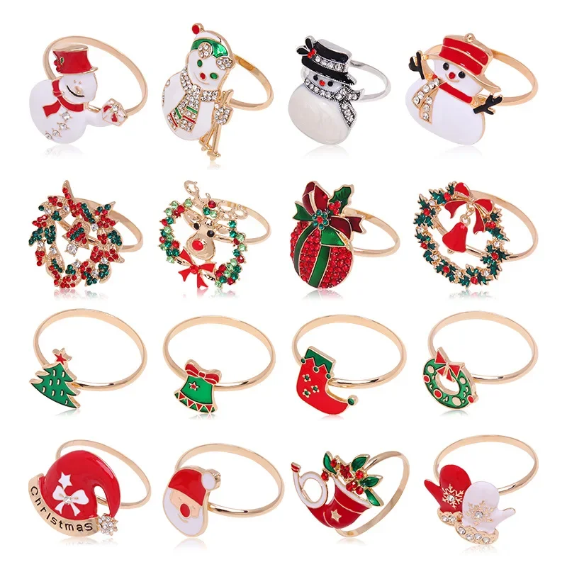 

Christmas Decoration Dinner Napkin Ring Bell Diamond Elk Snowman Gift Box Candy Cane Napkin Buckle Xmas Dinner Table Ornaments