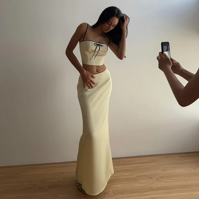 InsLucky Summer Elegant Apricot Suit Women Strapless Sling Crop Top Camis And High Waist Floor-Length Skirt Two Piece Set Female