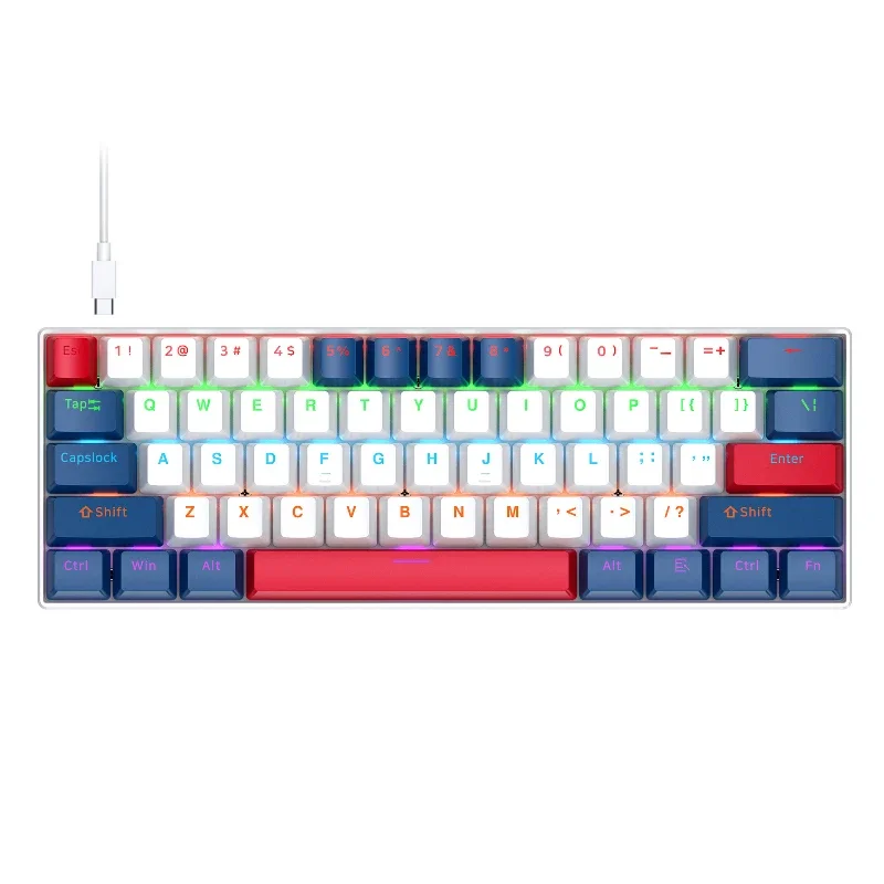 T-WOLF 61-key T60 two-colour patchwork keycaps mechanical feel keyboard RGB lights universal gaming office wired keyboard