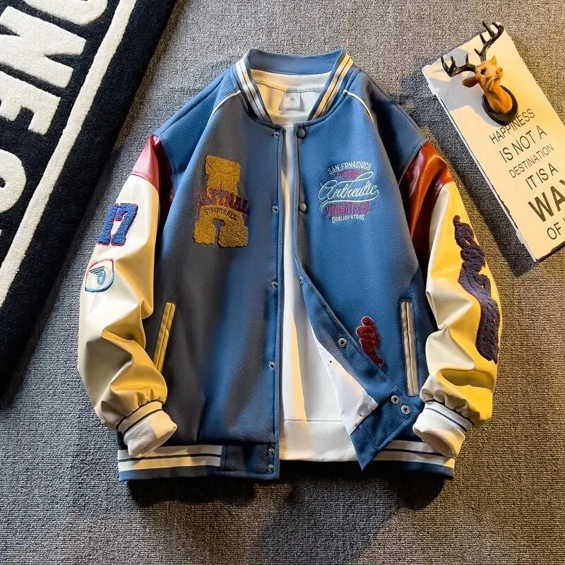 Spring Autumn Jacket Color Block American Embroidery Leather Sleeve Coat Men Trendy Baseball Clothes Casual Student Crop Top