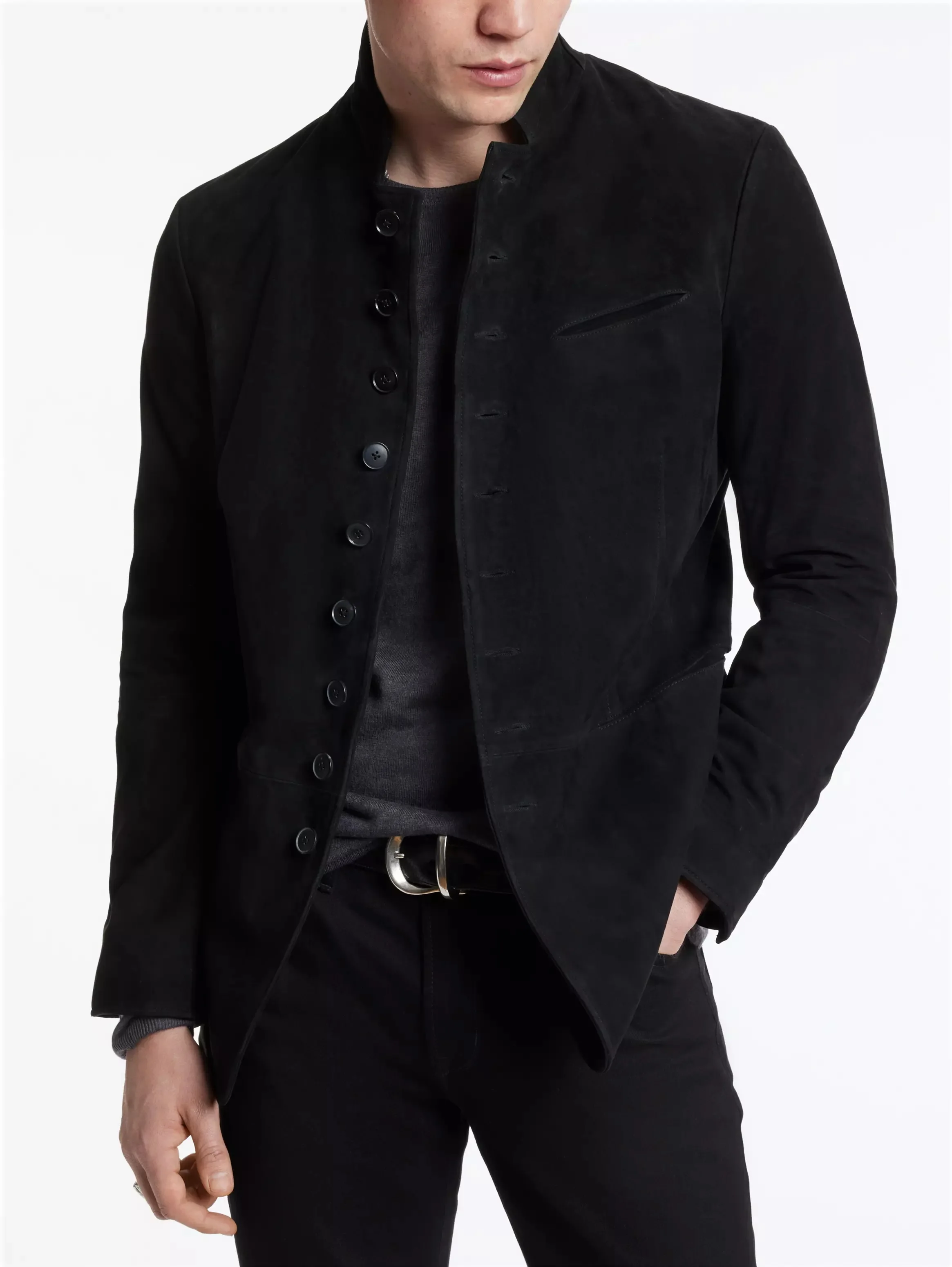 

Styling collar edge cuffs multi-button leather suit men's thick suede goat leather jacket