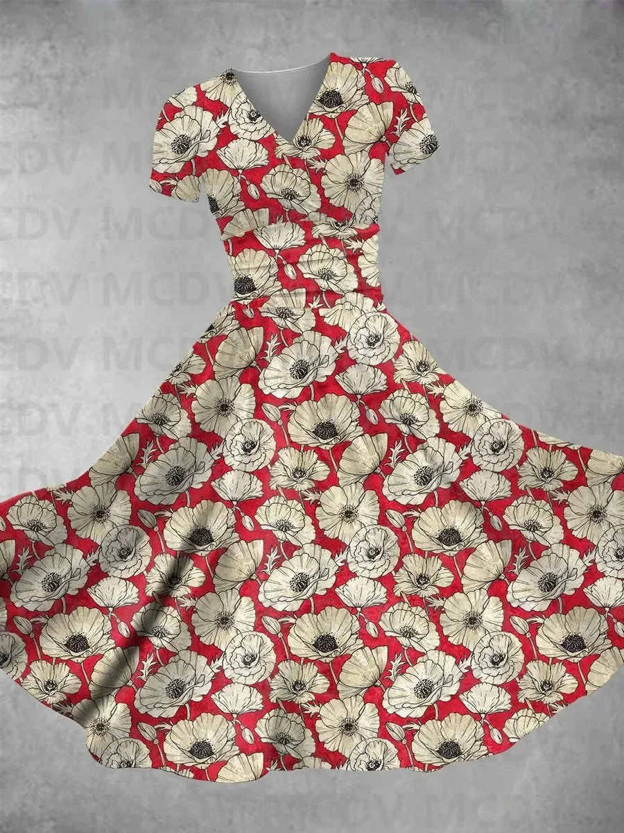 Women's Vintage Flower Print Maxi Dress 3D Printed Sexy V-neck Dress Female Dresses