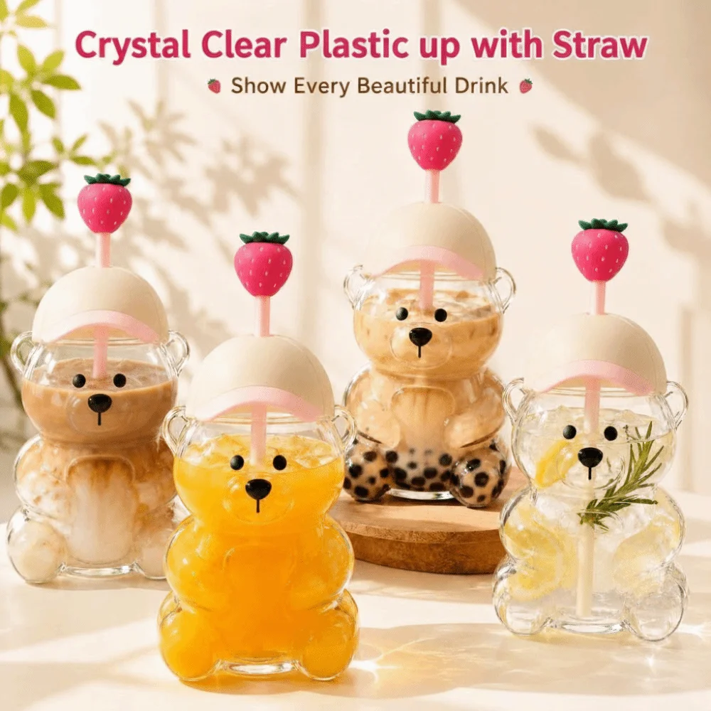 Gifts with Lid Bear Drinking Cup Transparent Large Capacity Bear Straw Cup Teddy Bear Plastic Cup Daily Beverage Use