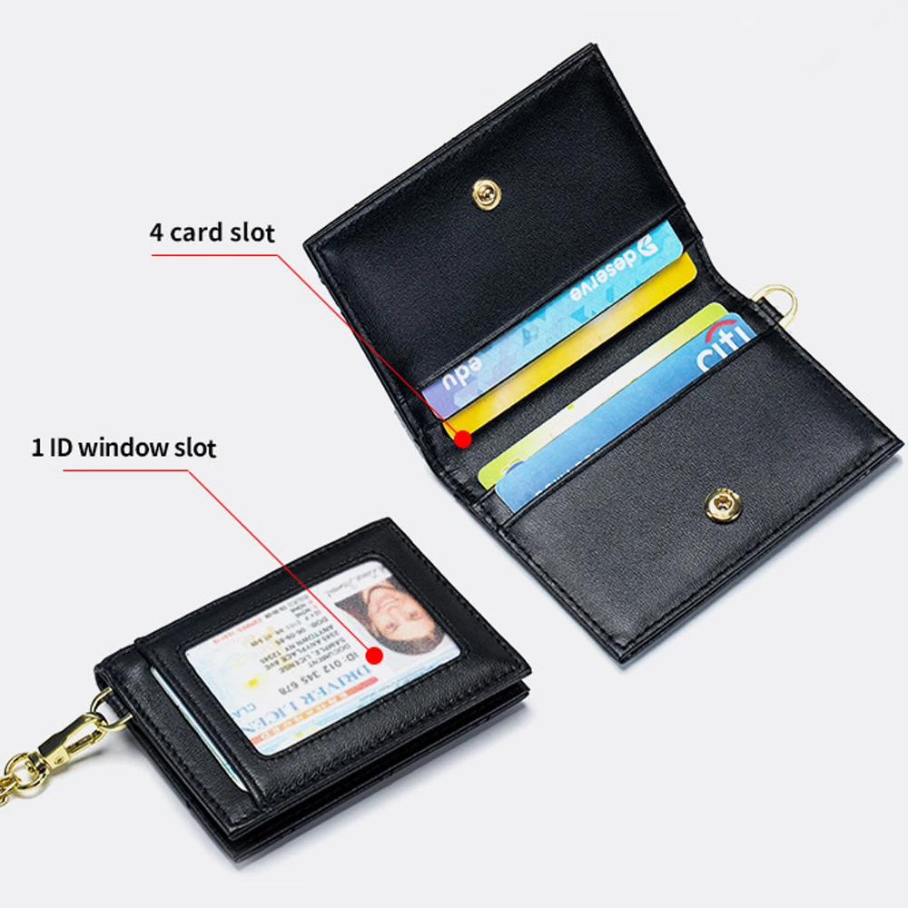 Portable ID Badge Holder with Detachable Chain Beads Neck Lanyard Sheepskin Fold Card Holder Work ID Name Badge Lanyard Wallet