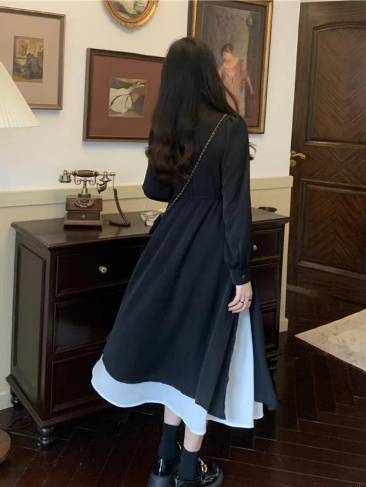 Vestido camisero negro de estilo coreano para mujer, vestidos Midi informales para estudiantes de escuela, cuello vuelto, moda de otoño, nuevo, 2022