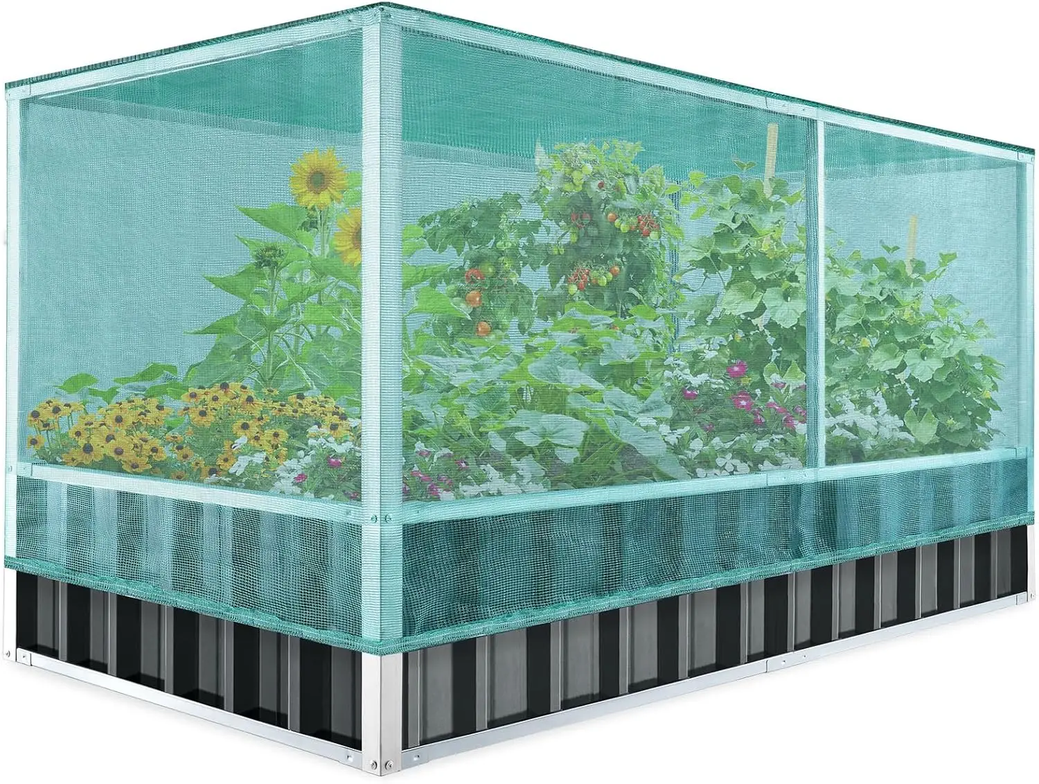 

68" x 36" x 34.6" Raised Garden Bed with Anti-Bird Netting, Galvanized Steel Planter Box, 2 Pairs Gloves Included, Dark Grey