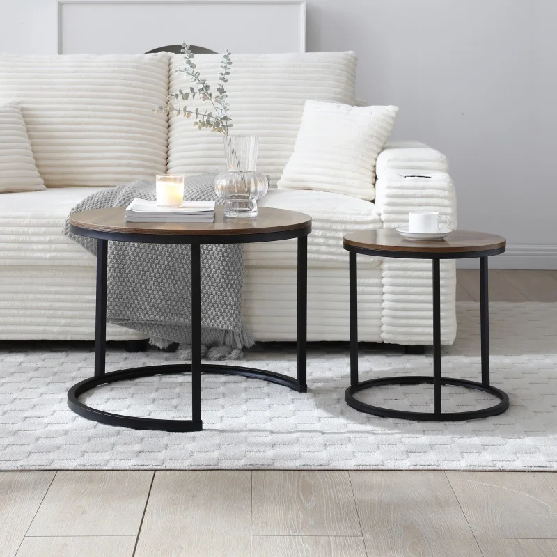 Set 2 Coffee Table Nesting White and gray top Golden Frame Circular Round and Marble Pattern Wooden Tables, Living Room Bedroom