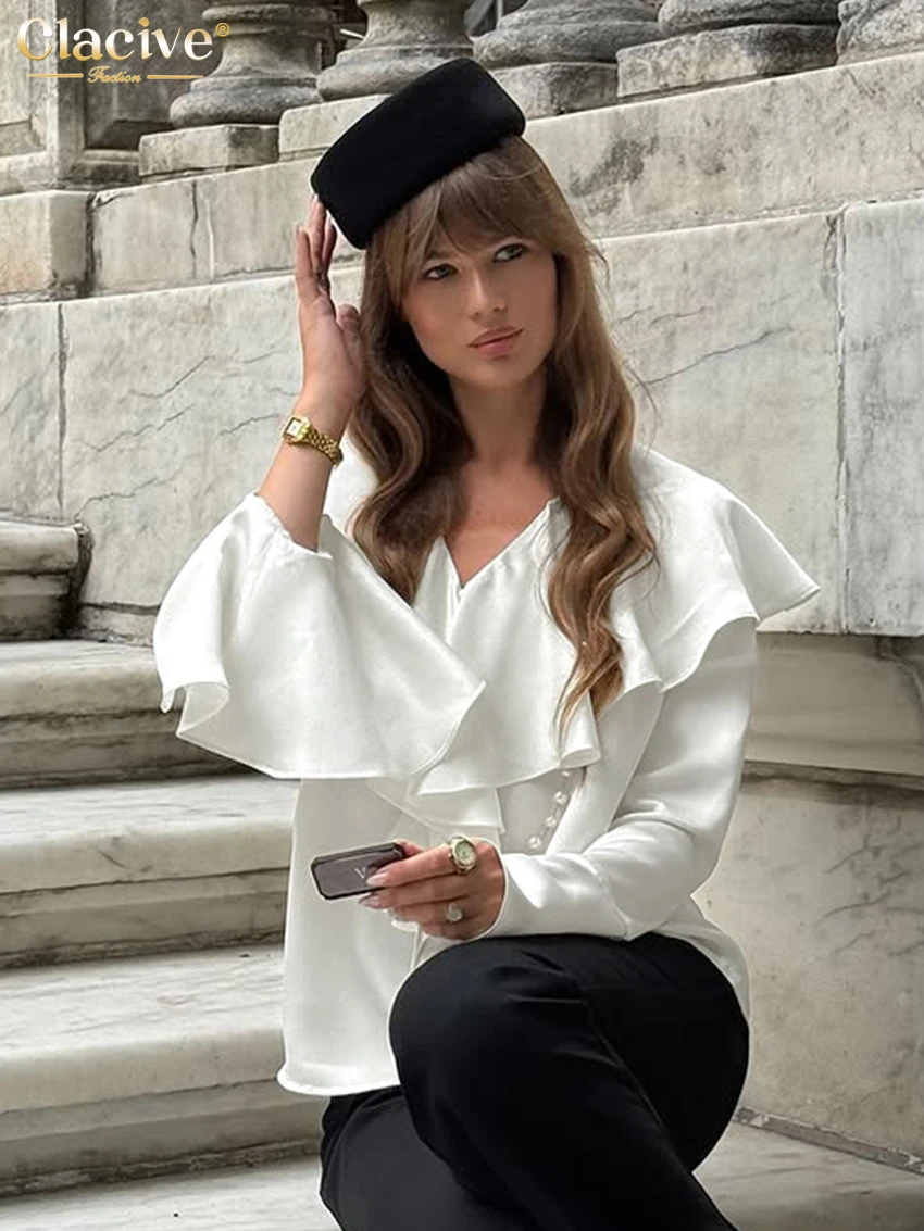 Clacive Fashion Loose White Satin Women's Shirt 2025 Casual V-Neck Long Sleeve Shirts Elegant Classic Solid Top Female Clothing