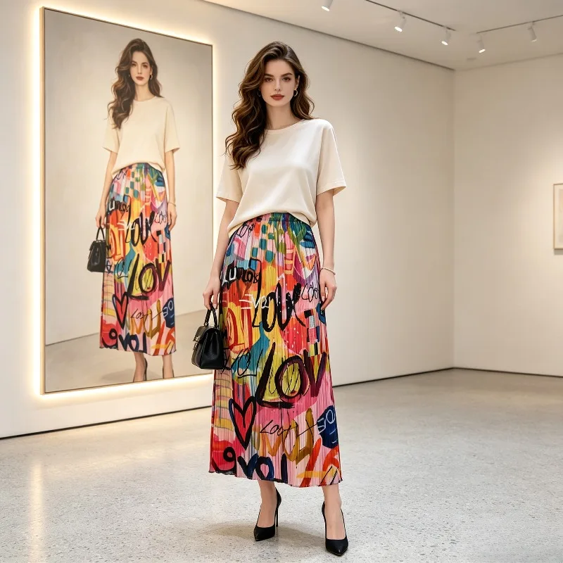Miyake Pleated 2026 Original New Vintage Ethnic Print Elastic Waist Skirt Women Summer Thin High Waist Versatile Straight Skirt