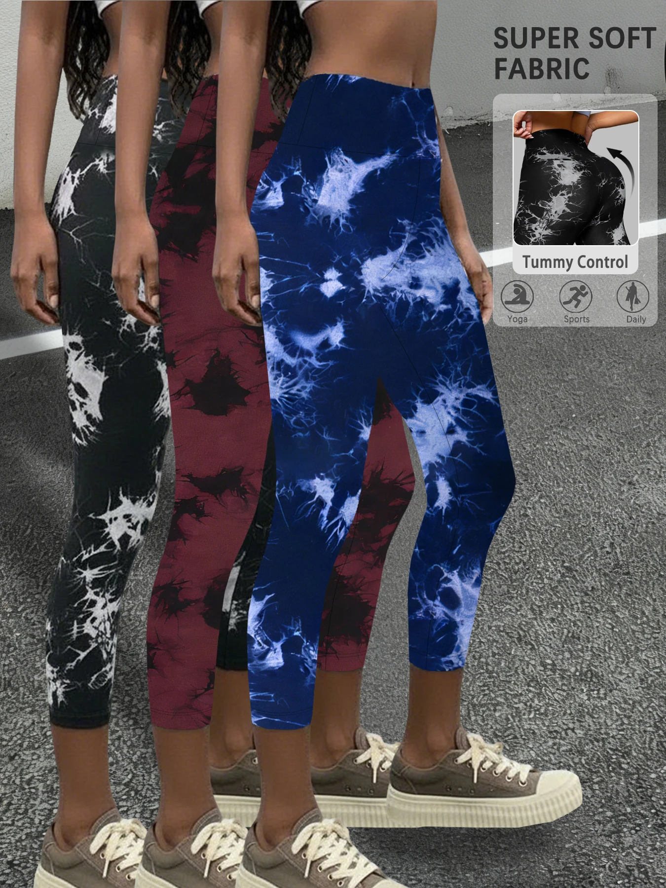 

3 Pack Super Soft High Waisted Tie Dye Print Sport Capri Pants for Women No See Through Workout Running Yoga Athletic