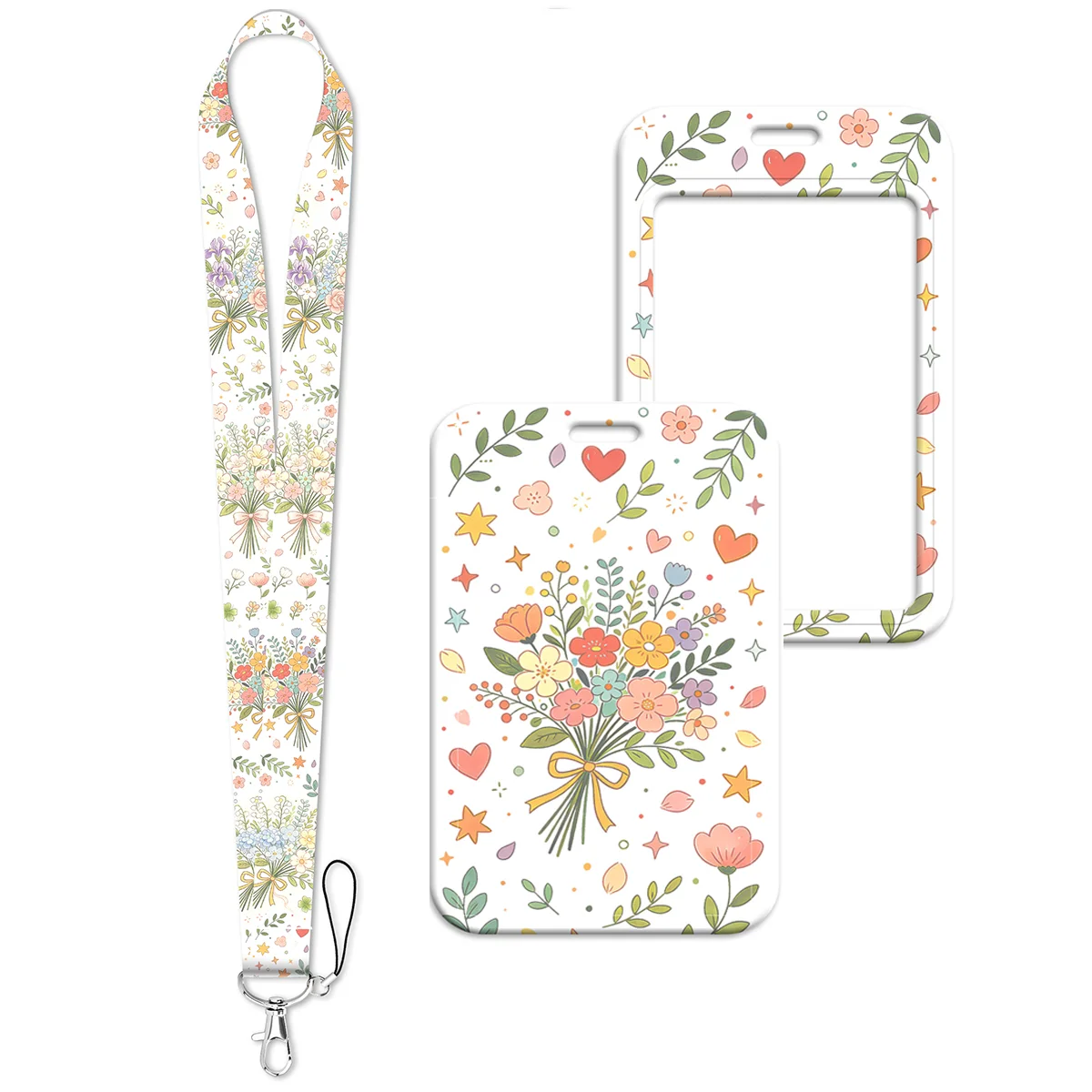 Pastel Floral Heart Bouquet Lanyard Neck Strap Keychain Card Cover Badge Holder Mobile Phone Hang Rope Keyring Accessories Gifts