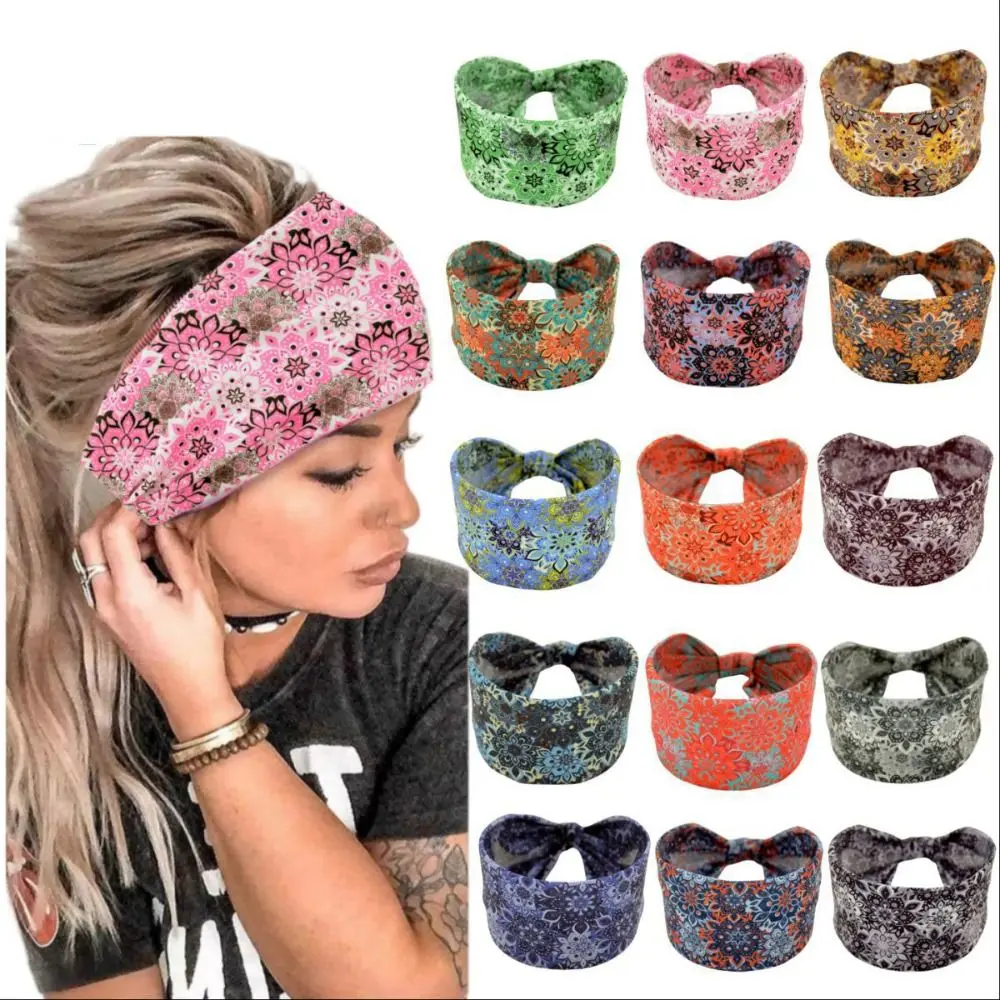 Elastic Print Sports Headband Fashion Headscarf Floral Wide Boho Cotton Stretch Hair Bandana For Dance Biker Women Girl Headwear