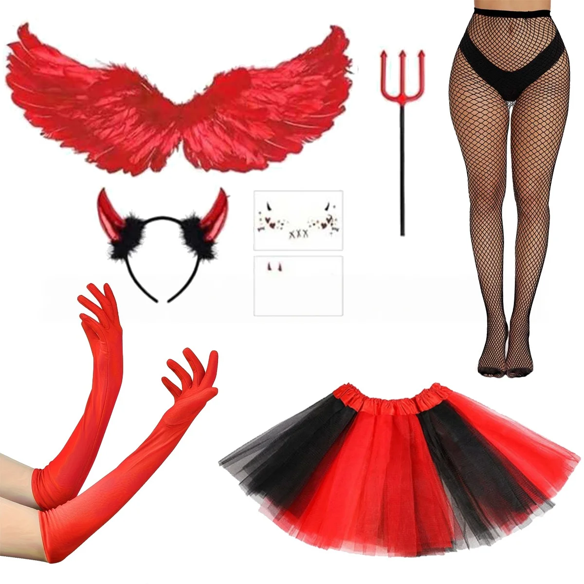 Halloween Cosplay Red Devil Headwear Wing Skirt Tail Gloves Socks Set Women Dress Up Costume Stage Show Party Accessories Props view 2