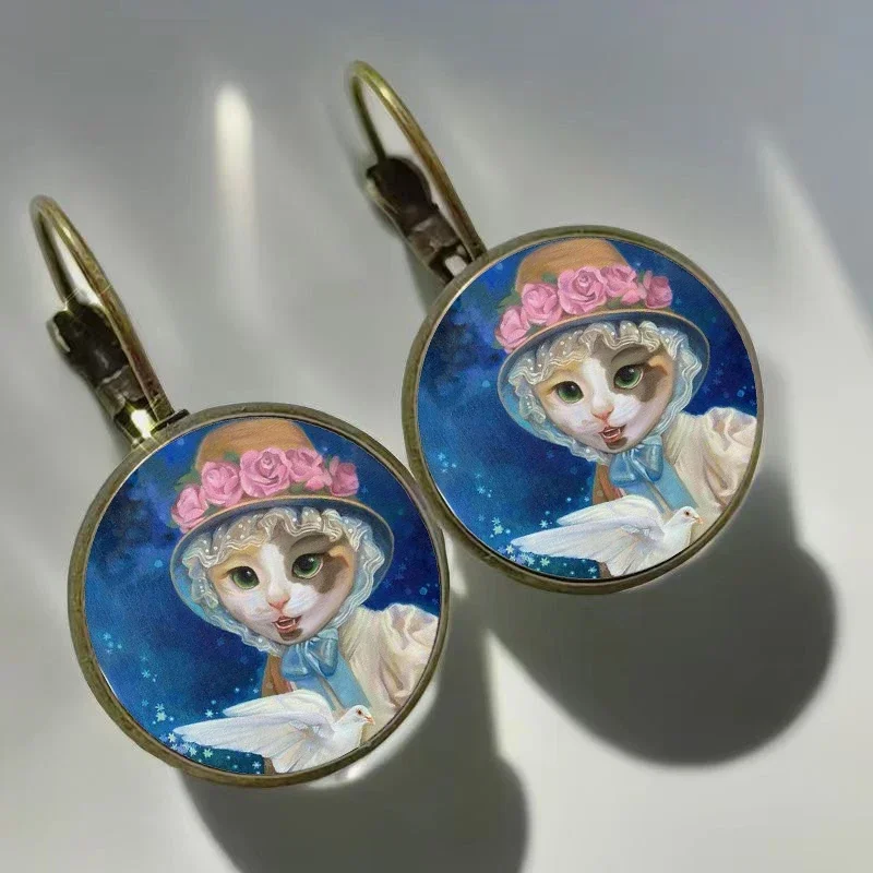 New arrival Colorful cute cat earrings, wearing hats cat Glass Cabochon Womens Earrings Love Cat Girl Earrings New Year Earrings