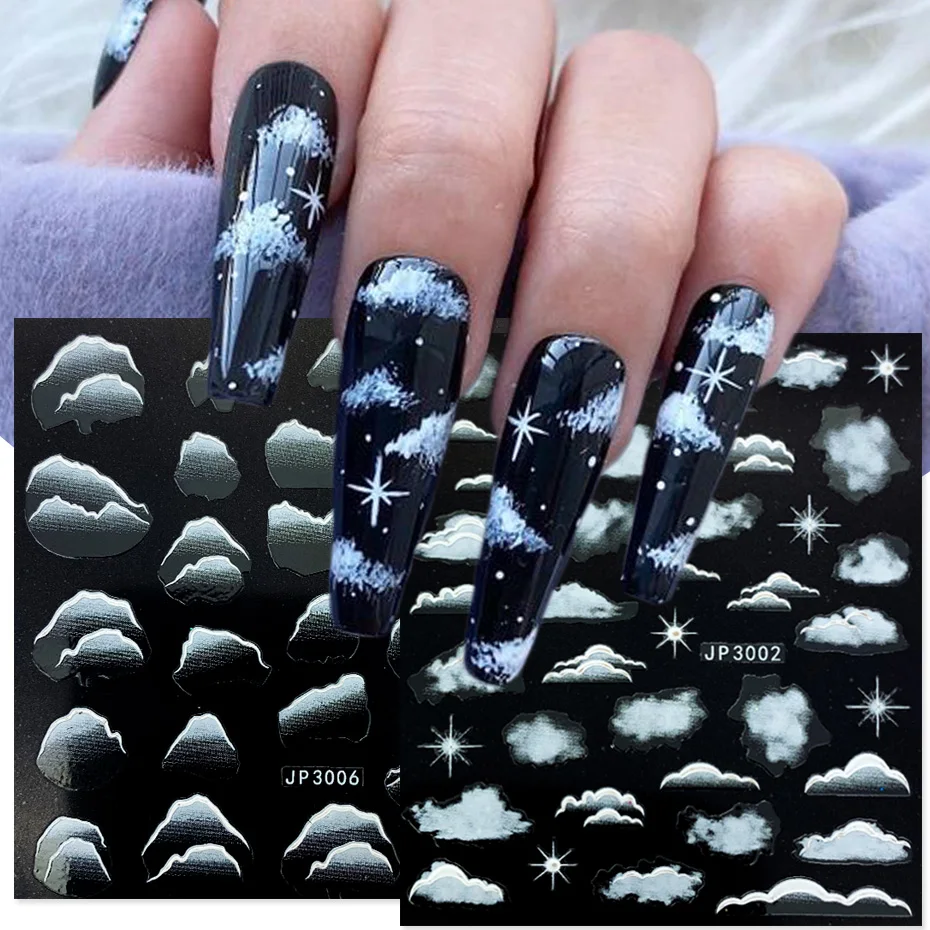 White Sky Cloud Nail Stickers 5D Star Moon Rose Angel Christmas Snowflake Embossed Design Slider Transfer Decal NLJP1019-JP1036