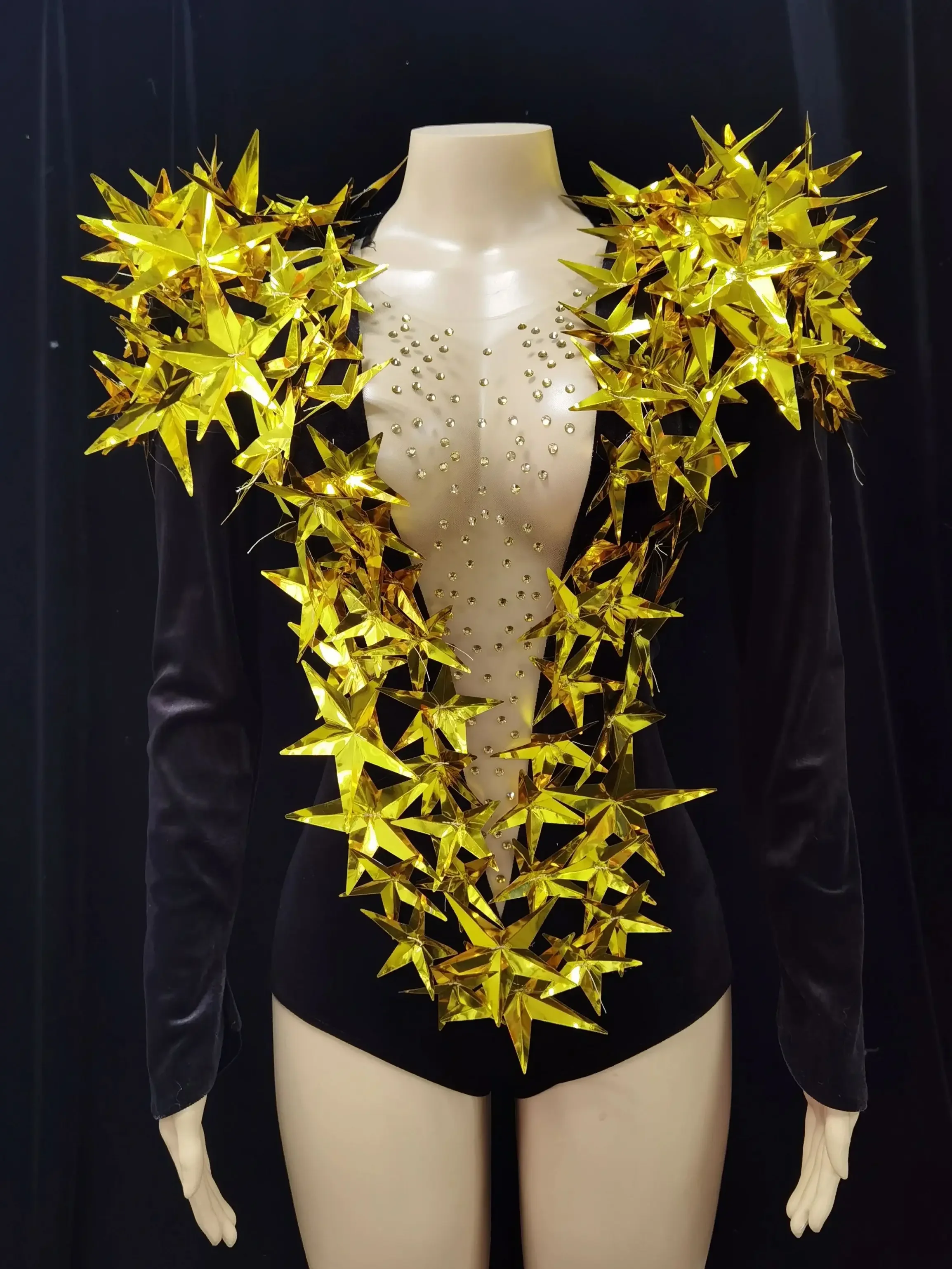 

Женский вечерний клуб, гала-хозяйки, ночной клуб, бар, сценические костюмы, блестящий черный бархатный боди со стразами и длинными рукавами