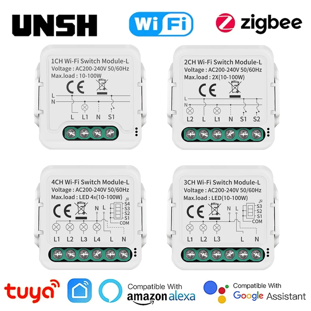 Modulo Interruttore Luce Smart 3CH, Senza Neutro, 230V, 100W, Compatto 39,2x39,2x18 Mm, Per Domotica