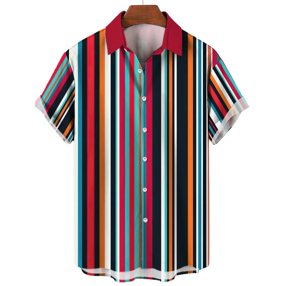 

2024 Summer Europe and the United States New 3D Shirt Printed Short Sleeve Shirt Striped Sand Beach Hawaiian Men's Shirt Top