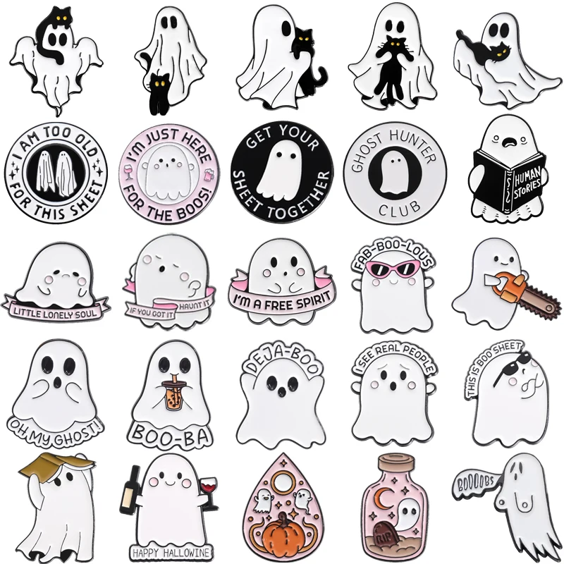 Creative Halloween Ghost Enamel Pins Depressed And Happy Deja Boo Lapel Badge Brooches Backpack Decorative Gift For Kid Friends