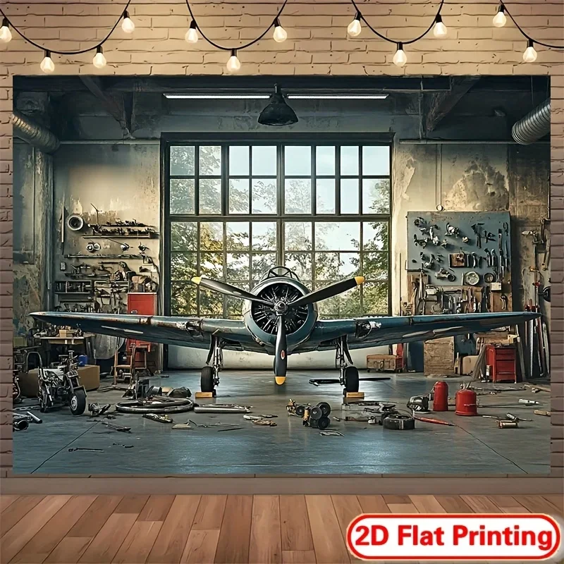 Vintage Airplane Garage Tapestry Wall Hanging Retro Workshop Aircraft Mechanic Tools Industrial Style Home Decor Man Cave Bar
