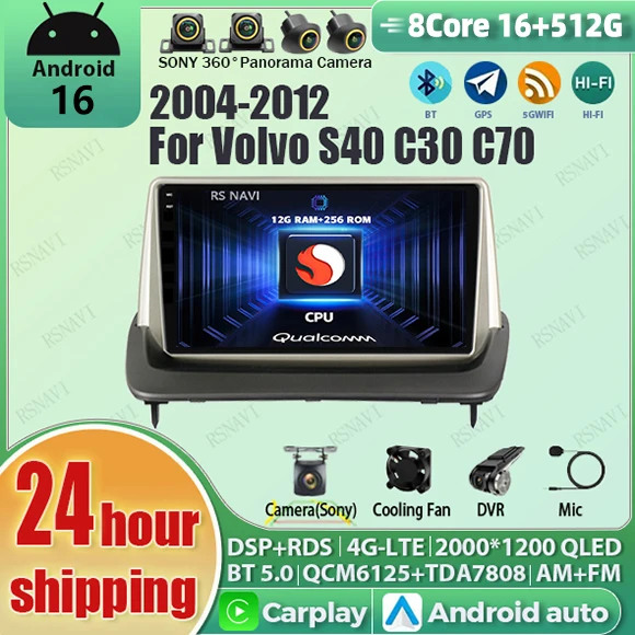 Radio Multimedia para Auto con Android 16, Carplay, DSP, WIFI+4G para Volvo S40 C30 C70 2 MS 2004-2013, Autoradio Estéreo 2din