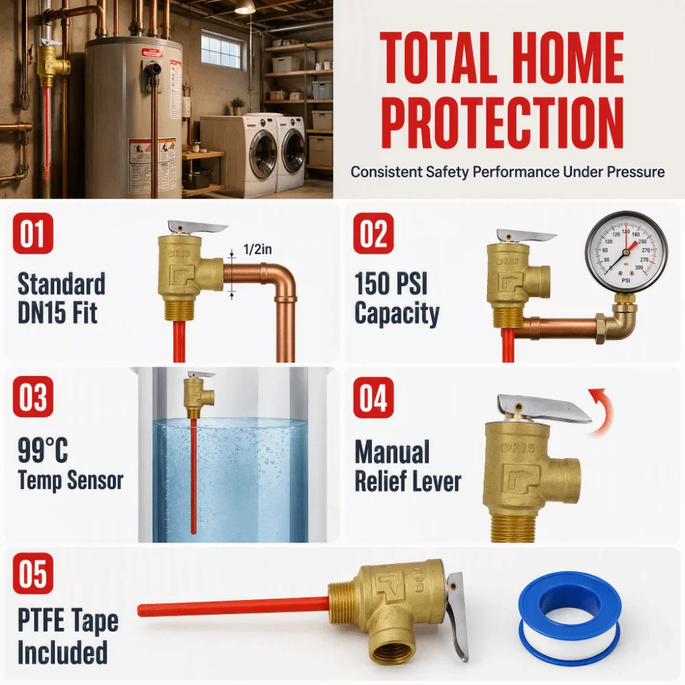 Solid Brass Construction Pressure Relief Valve 150 PSI Extended Probe Safety Relief Valve 1/2 Inch NPT Thread Thickened