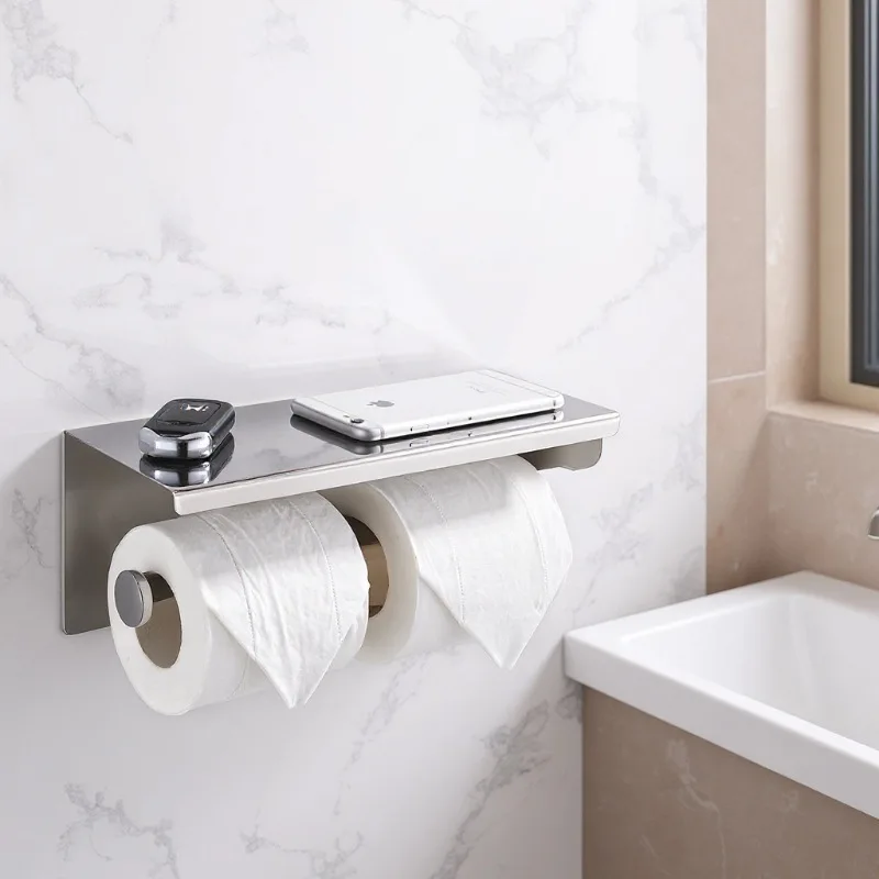 Wasourlf 304 stainless steel tissue holder with storage platform,double roll toilet paper holder,wholesale toilet paper holder