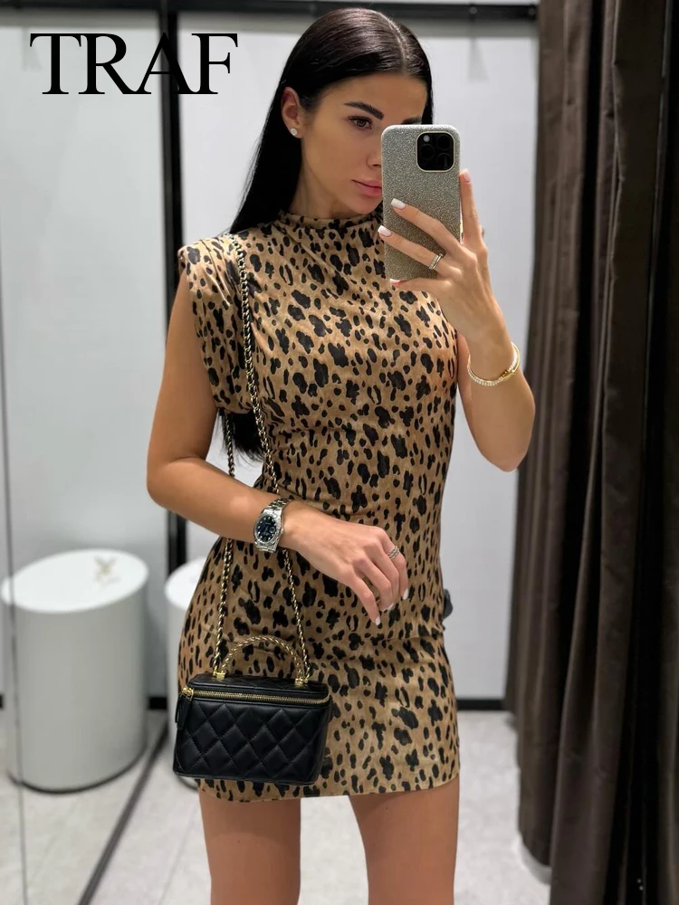 TRAF 2024 Woman Vintage Chic Leopard Print Sexy Sleeveless Dress Female Bodycon Summer Dresses Streetwear Casual Dresses