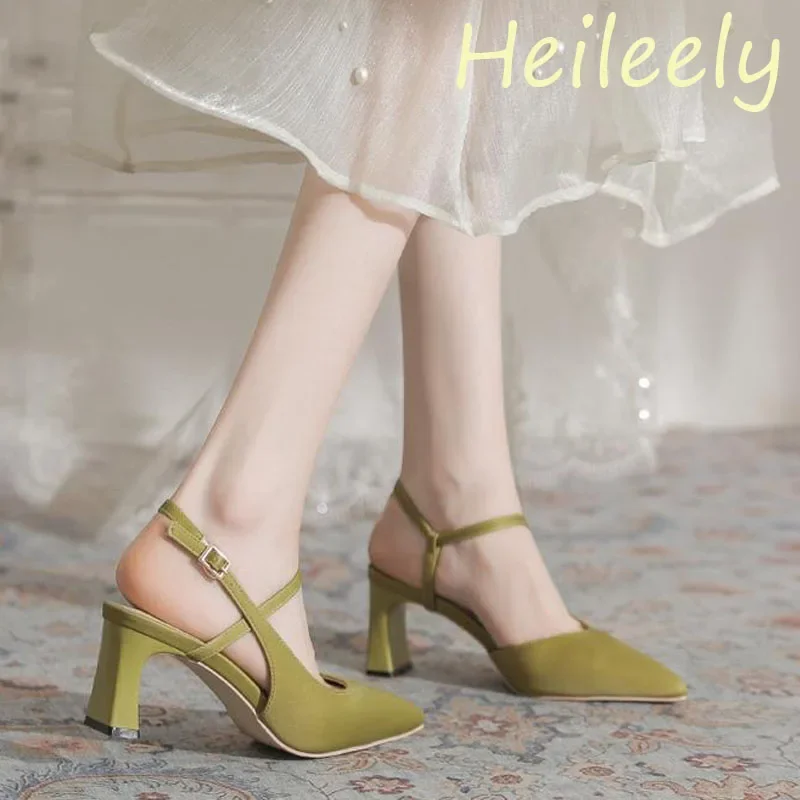 7cm Heels Women Luxury Satin Sandals High Heels Female Ankle Wrap Pointed Toe Women Green Shoes 38 39 40