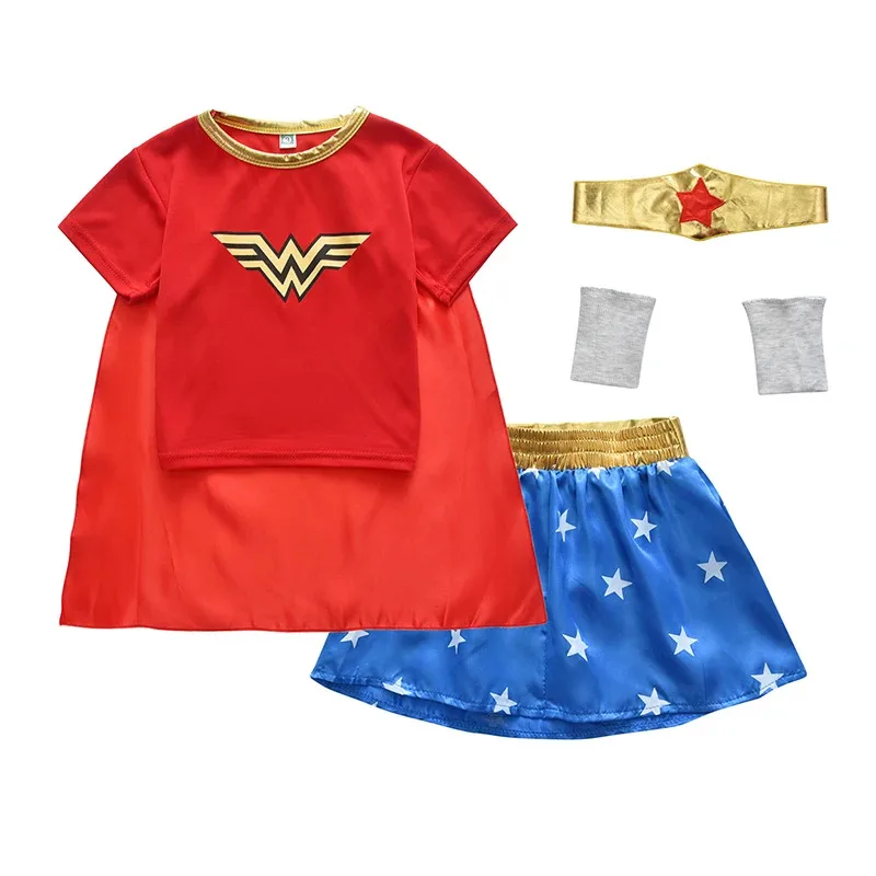 DY20Kids Halloween Girls Wonder Woman Cosplay Dress Set Party Superhero Costume  Children Tops Skirt Cloak Set Fashion Clothes25