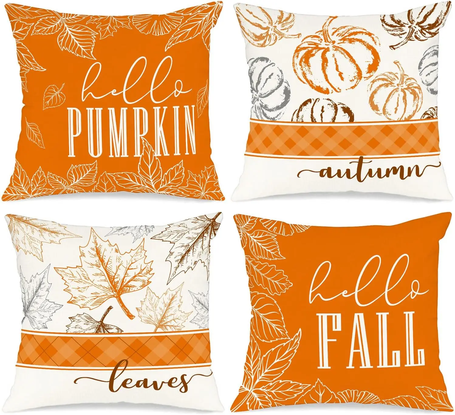 Decorative Holiday Autumn Cushion Covers Thanksgiving Pillow Case for Indoor Home Bedroom Couch Sofa Decor Orange，of 4,