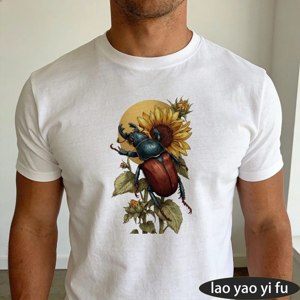 Stag Beetle Sunflower Vintage Botanical Art Men Summer Cotton T Shirt Insect Plant Retro Graphic Light Casual Tee
