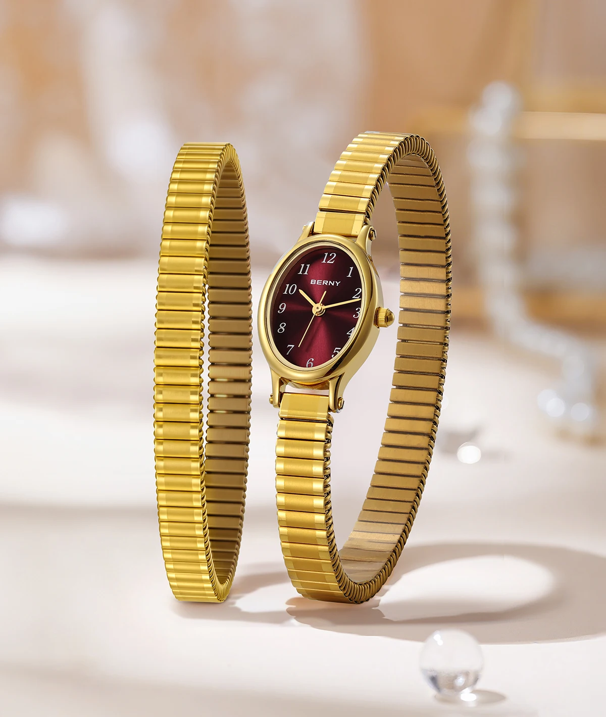 BERNY Goldene Uhren für Damen, luxuriöses goldenes elastisches Armband, elegante, leicht ablesbare Damenuhr, Stretch-Armband, Kleiderarmbanduhr – Detail 1