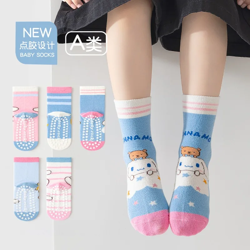

5 Pairs Cute Cinnamoroll Cotton Anti-slip Mid-calf Socks For Boys Girls Floor Kids Toddler Sock With Rubber Grips For 1-12Years