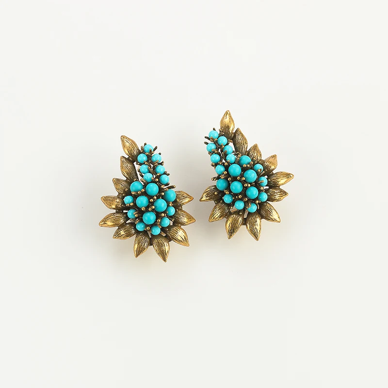 Vintage Beaded Sea Blue Natural Stones Tree Leaf Stud Earrings Antique Jewelry Bohemia Retro Luxury Party Bride Accessories 2024