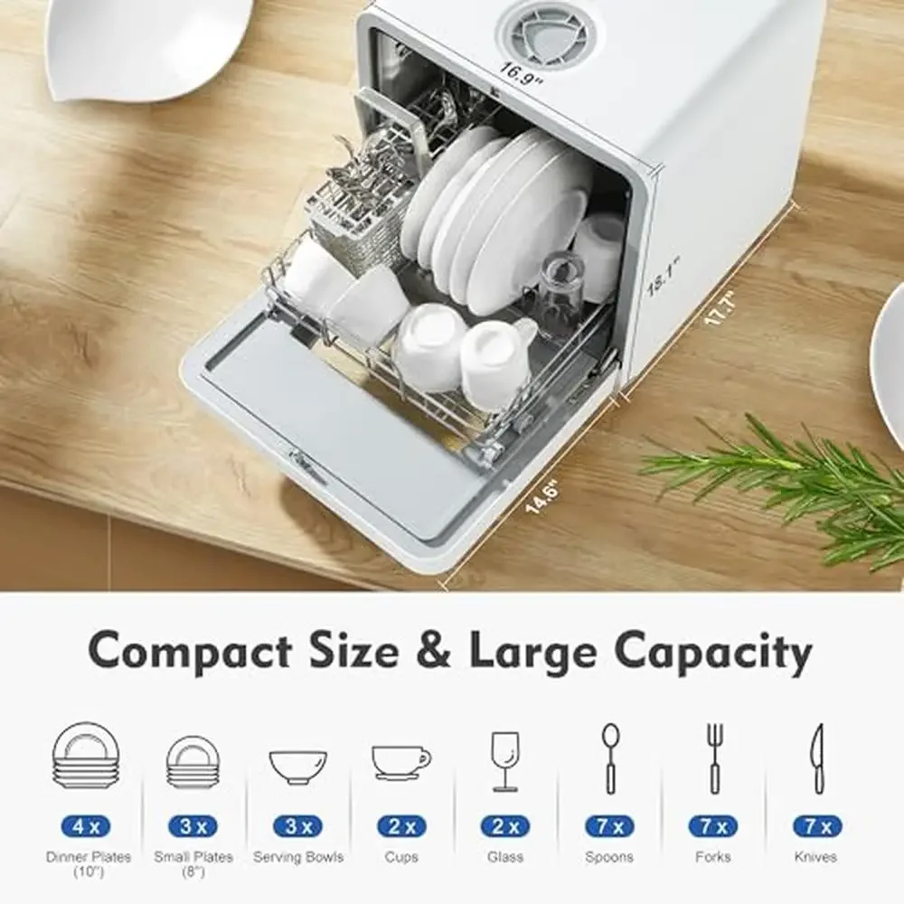 Portable Countertop Dishwasher 4.5L Water Tank 6 Washing Programs 360° Dual Spray High-Temp Ideal Small Spaces and Family of 3-4