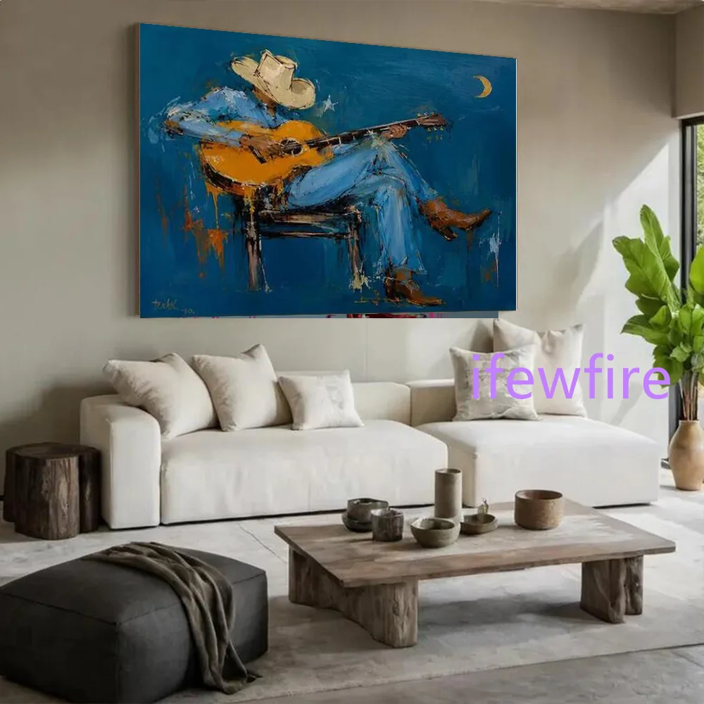 100% Handmade Abstract Oil Painting on Canvas Mural Thick Layer Fashion Guitarist Wall Art Picture for Living Room Decor Image