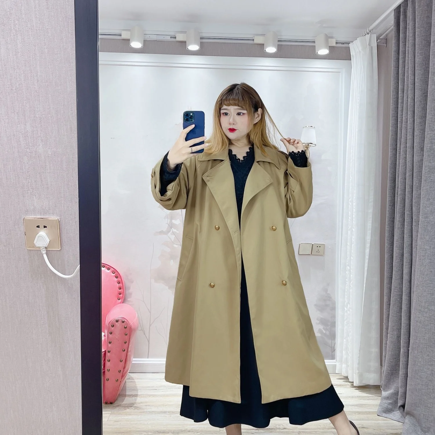 

plus Size 300 Pou Women's Vintage Lapel Mid-Length Over-Knee Meat- Concealing Jaet Autumn Casual Loose Fit Long Sve