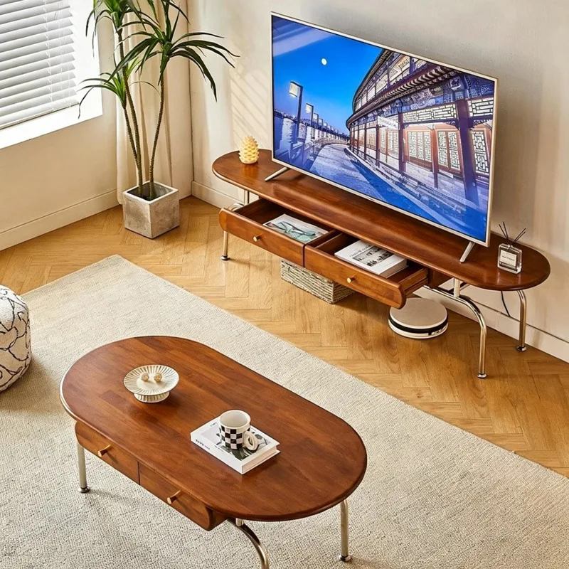 Floor-Standing TV Stand,French Modern Elliptical Coffee Table And TV Cabinet Set For Living Room Home Use Small Apartment Design