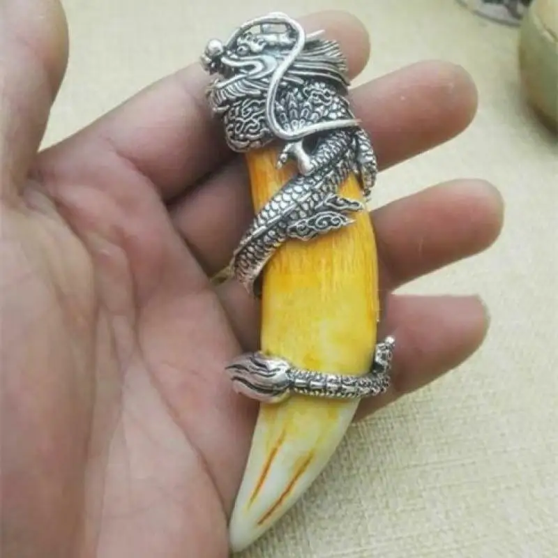 Chinese Boars Antique Tooth Wild Hog Silver Dragon Protective Talisman Pendant