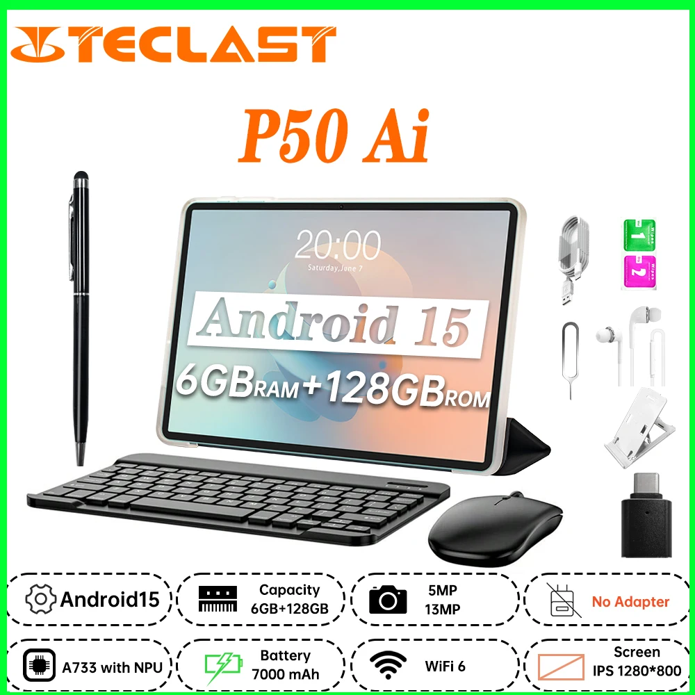 تابلت جديد Teclast P50 Ai A733 ثماني النواة 11 بوصة TDDI شاشة 6 جيجابايت رام 128 جيجابايت ROM Android15 WiFi6 7000 مللي أمبير شحن مزدوج من النوع C #1
